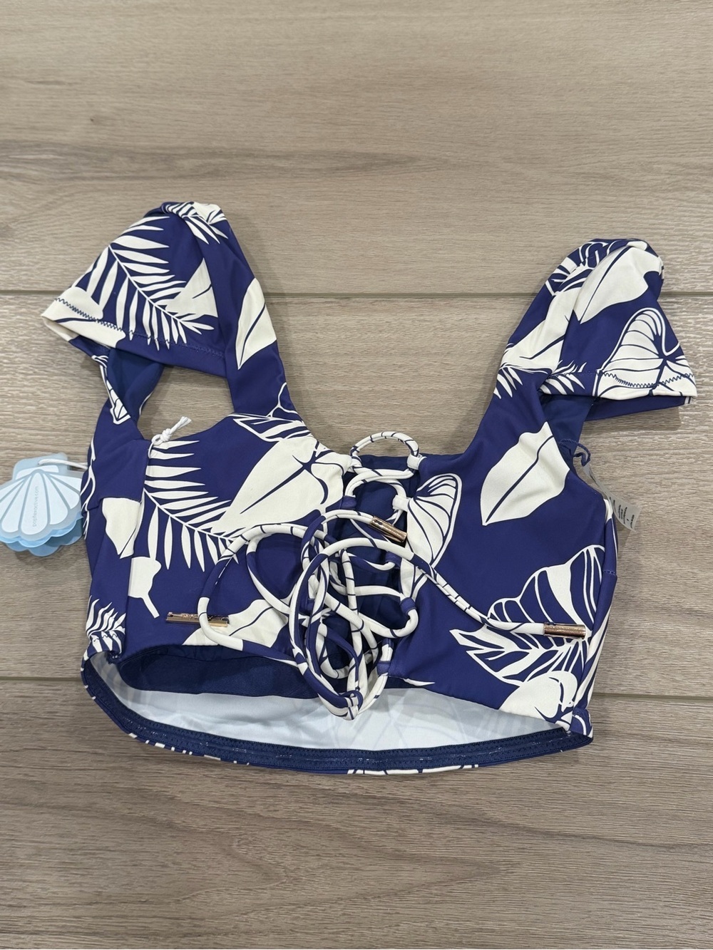 NWT Popflex Coastline Cap Sleeve Bikini Top in Blue Palm Size Small S - Picture 5 of 6